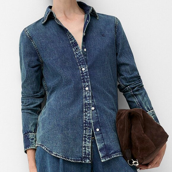 Lauren Ralph Lauren Embroidered logo faded dark wash denim shirt 100% cotton - Picture 3 of 3